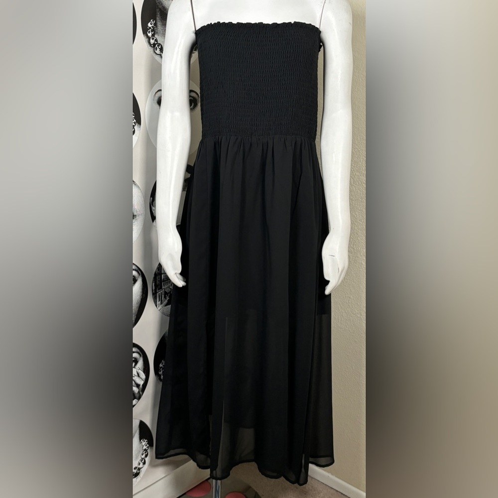 Blush BJ Black Smocked Sleeveless Maxi Dress w/ Semi Sheer Flowy Skirt, Sz 1X